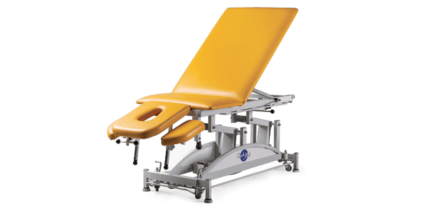 Stół do masażu 5 segmentowy SM-E-Ł rp z elektryczną zmianą wysokości leżyska (łamany) oraz regulowanym podnóżkiem